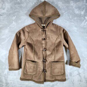 LL Bean Faux Suede Sherpa Jacket Medium Petite Brown Faux Claw Toggle Outdoor